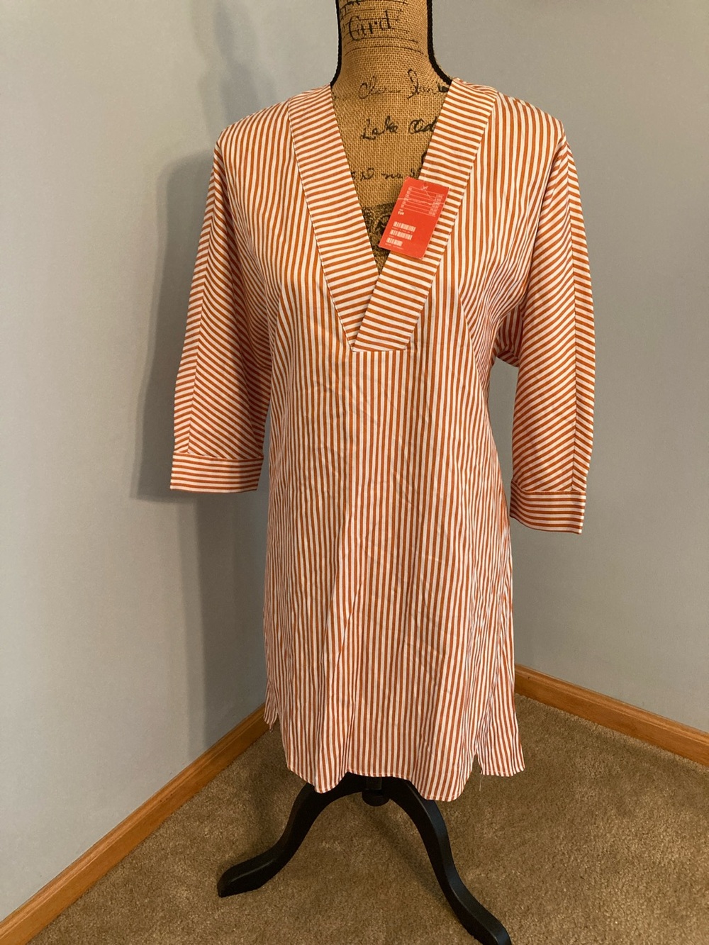 NWT Riva Designs Orange and White Striped V-Neck Tunic Dress Women Size Small